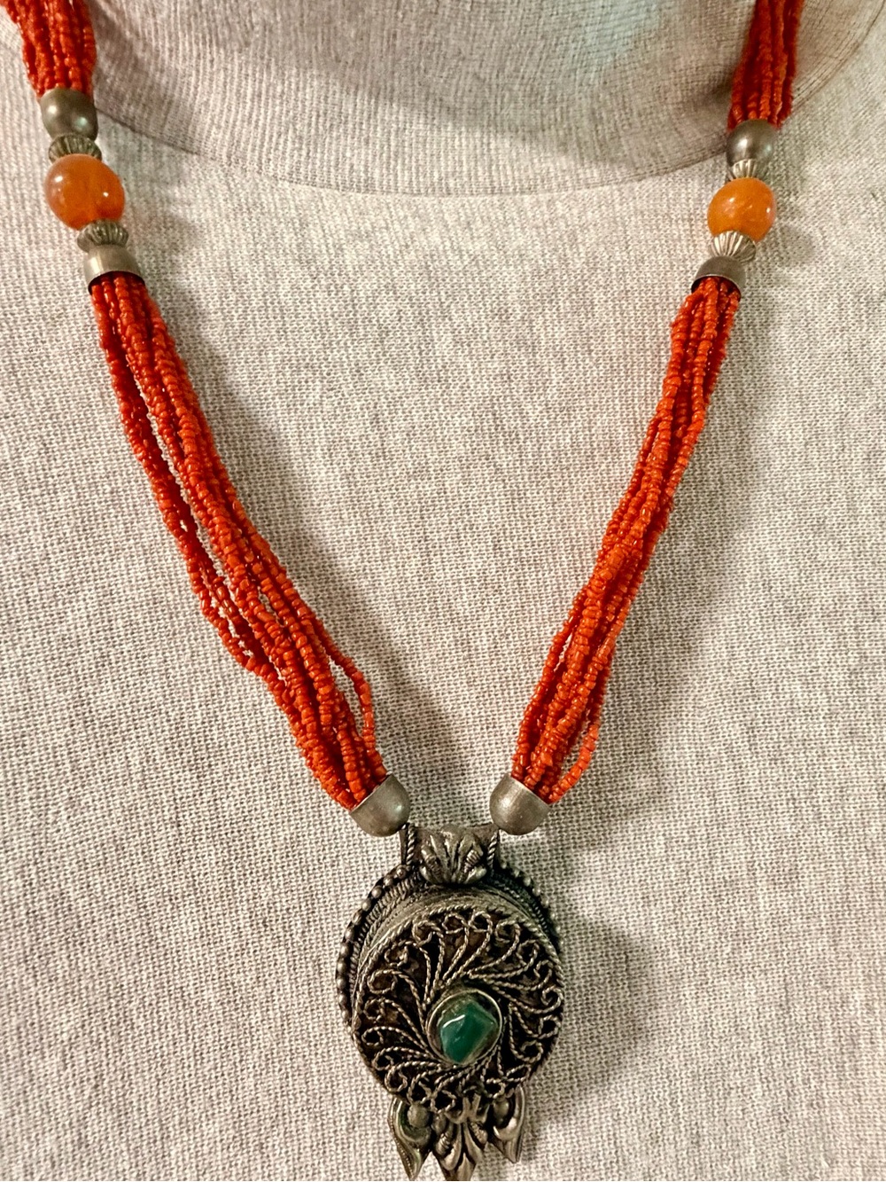 Artisan Orange Multi Strand Beaded Silver Tone Amulet Necklace